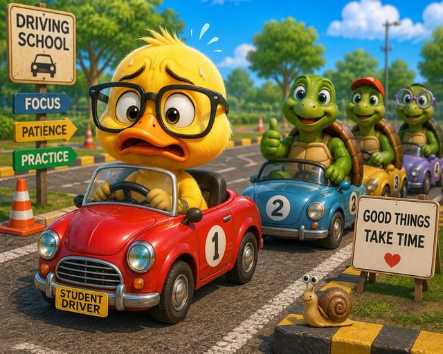 A nervous duck wearing oversized glasses attempts its first driving lesson in a tiny red toy car whi