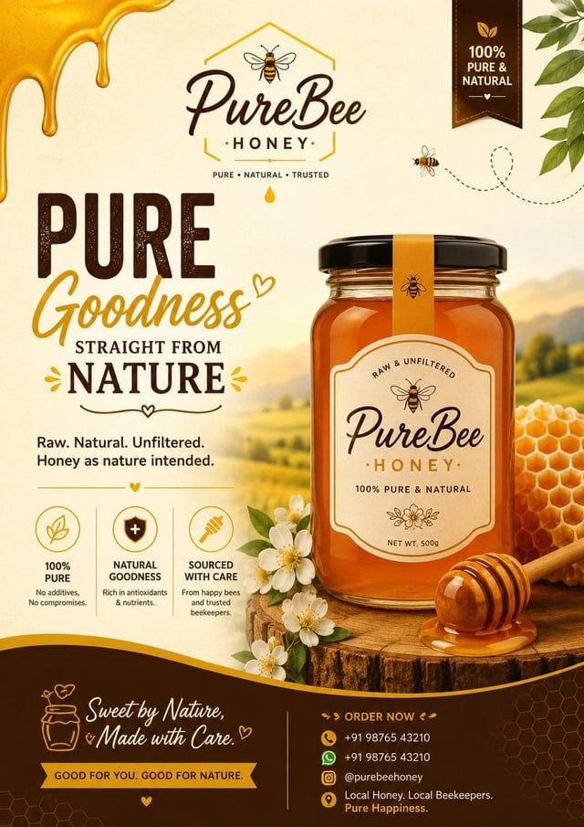 Create a premium, photorealistic advertising poster for a luxury organic honey brand called "PureBee