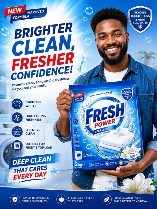 Create a premium, high-end advertising poster for a laundry detergent brand. A smiling young Black m
