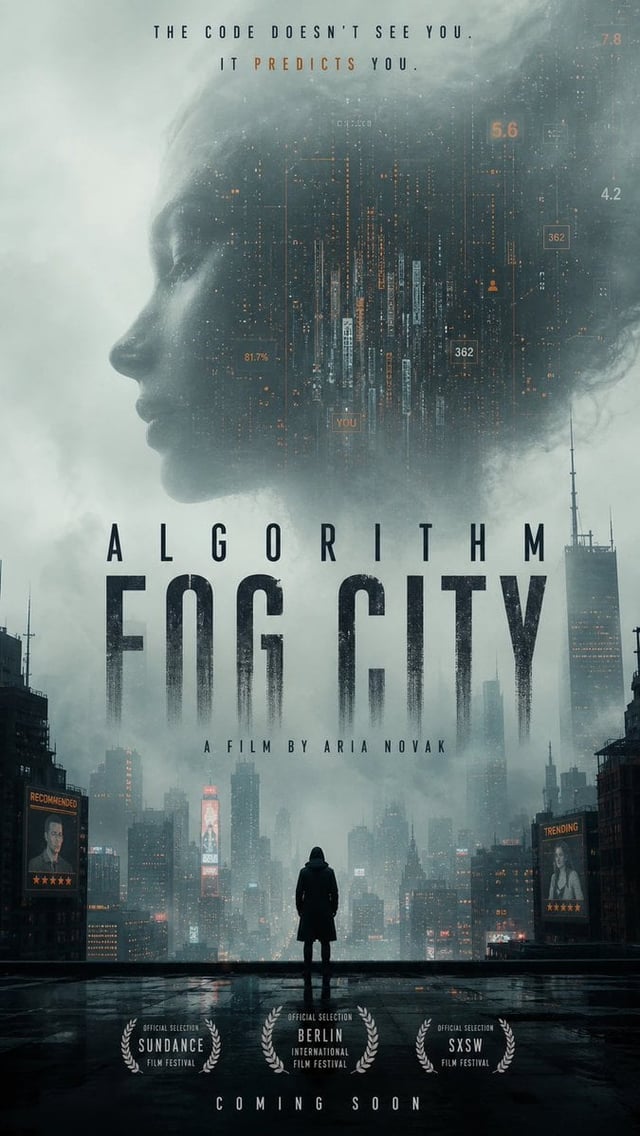 Create an international-quality cinematic movie poster for a film titled "Algorithm Fog City." Make 
