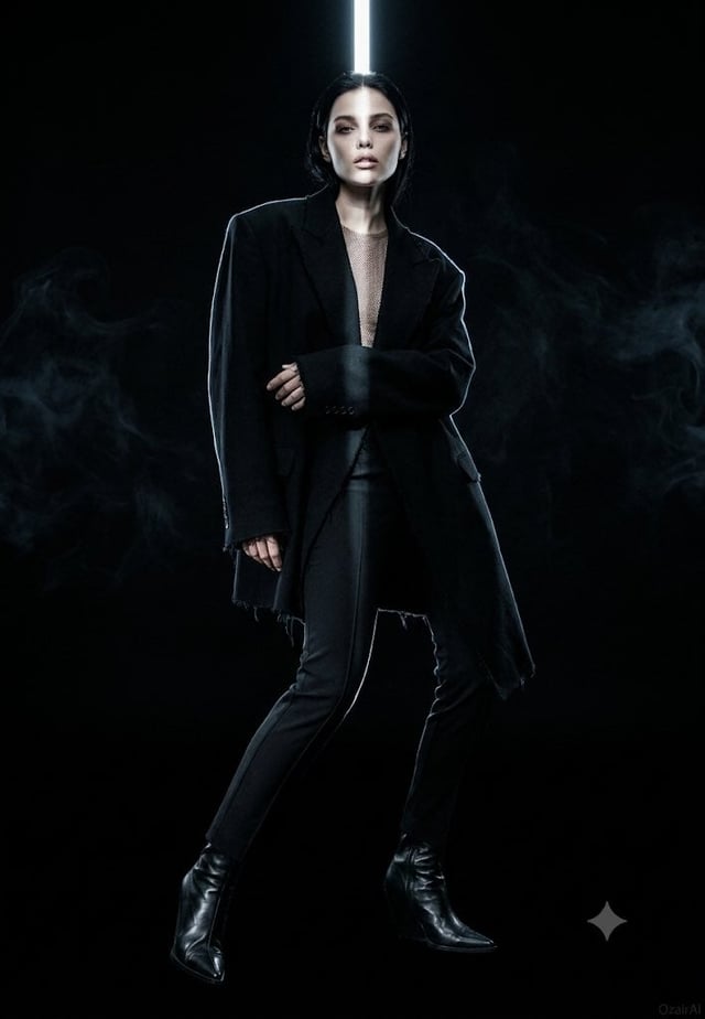 Use the exact same face from the reference image and generate a dark avant-garde fashion portrait th