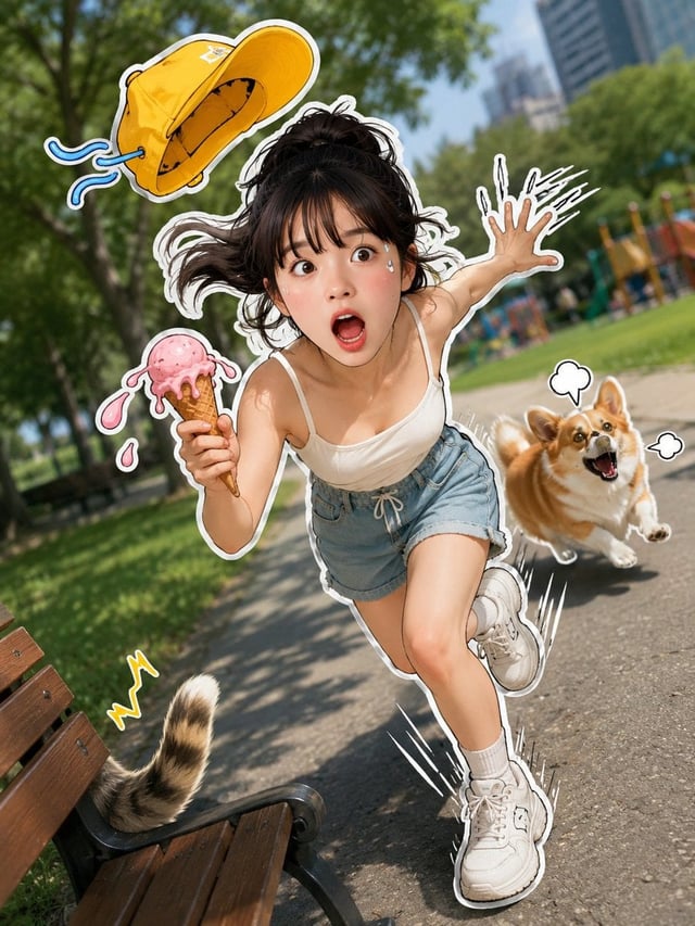 A vibrant and humorous 3D-style sticker design superimposed onto a real-life photograph of a sunny c