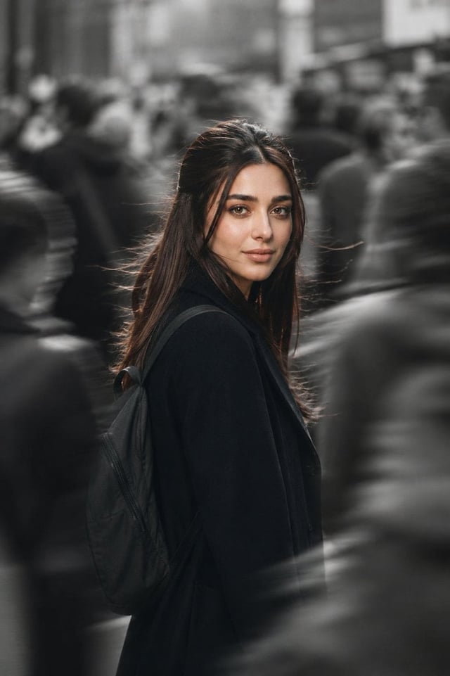 Create a cinematic street portrait of the woman standing in the middle of a crowded city street whil