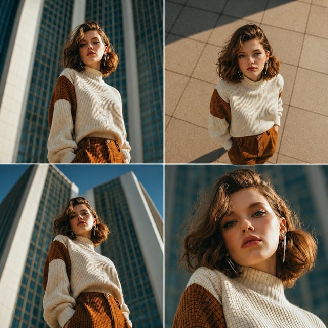 A low-angle, dramatic worm's-eye view shot of a stylish young woman looking down at the camera with 