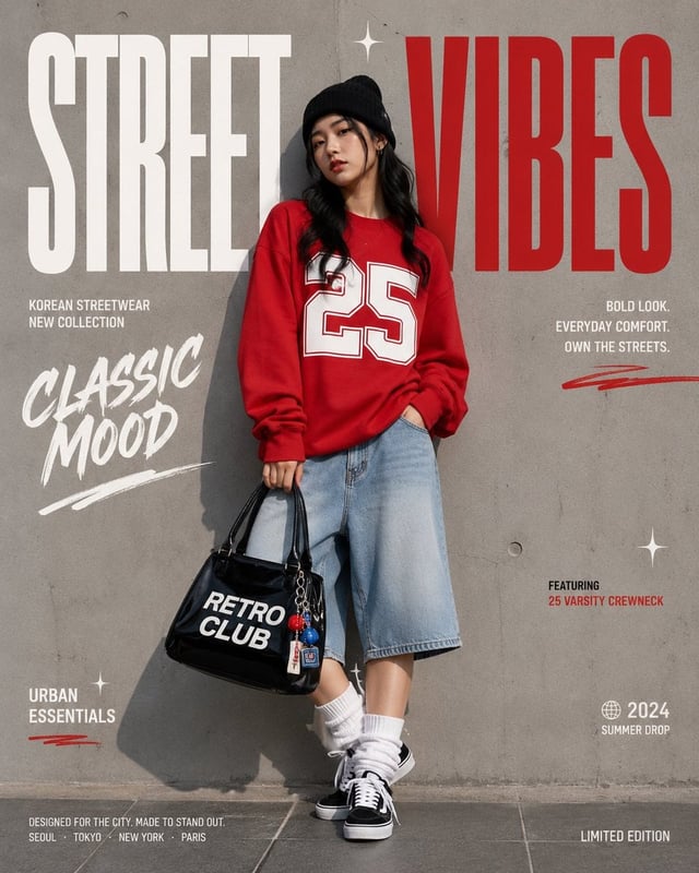 Create a premium Korean streetwear fashion campaign in a clean minimalist editorial style. A stylish