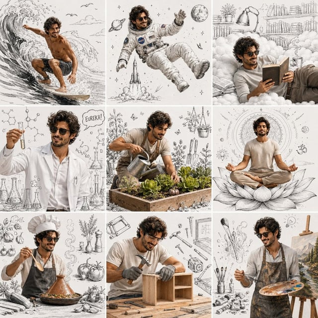 Create an ultra-realistic 3×3 editorial lifestyle collage featuring the same mature male portrayed (