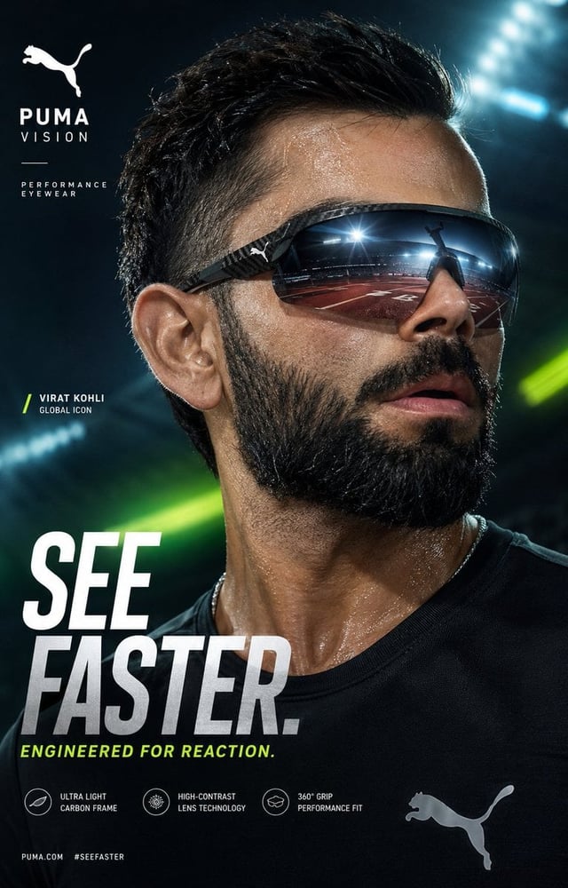 Ultra-premium global sports campaign poster featuring Virat Kohli wearing Puma Vision performance wr