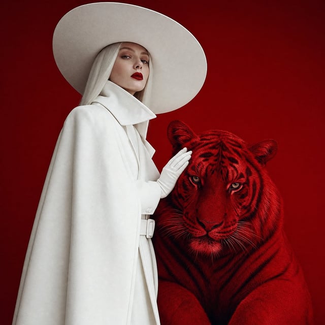 Surreal fashion editorial portrait, woman in full white wide-brim hat and long structured white coat