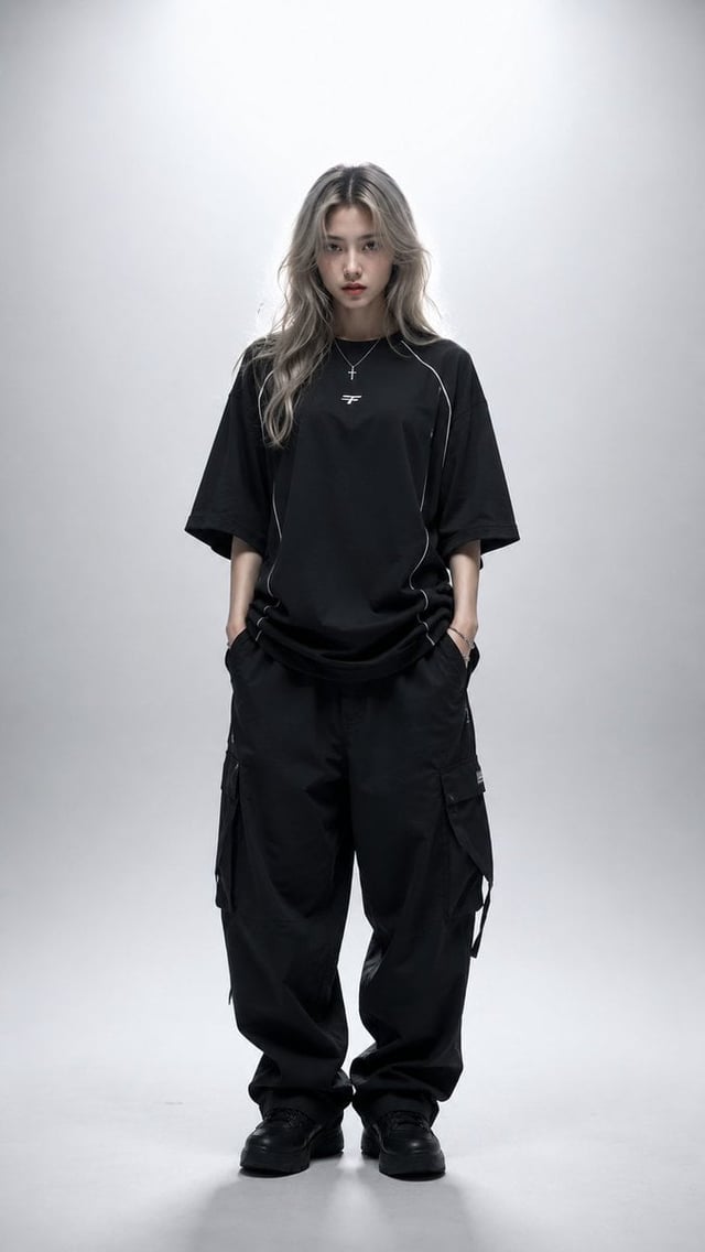 Ultra-realistic high-fashion editorial studio portrait of a young woman standing centered in frame, 
