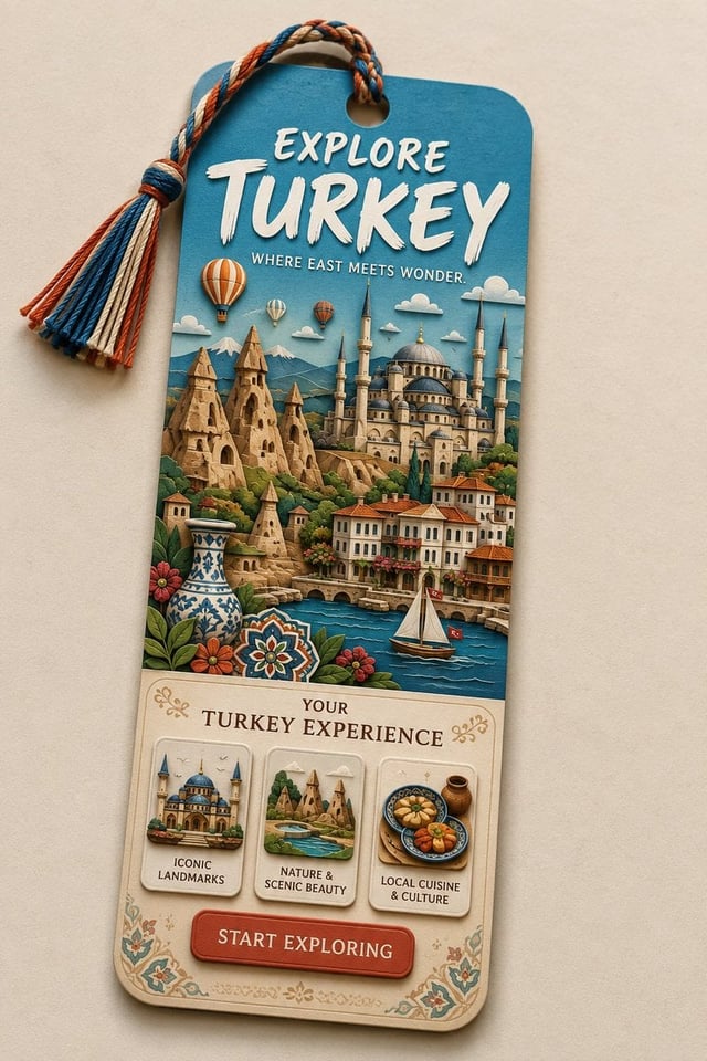 Create a premium vertical 2:3 collectible travel bookmark featuring [Location].