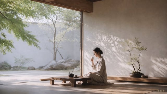高级时装大片禅意环境人像，东亚成年美丽女性，主题「静·禅」。真实摄影主体 + 极简禅意室内空间 + 大面积负空间（留白）。画面不依靠夸张的表情，而是通过安静的室内空间、自然光线、茶席、窗外庭院与克制留