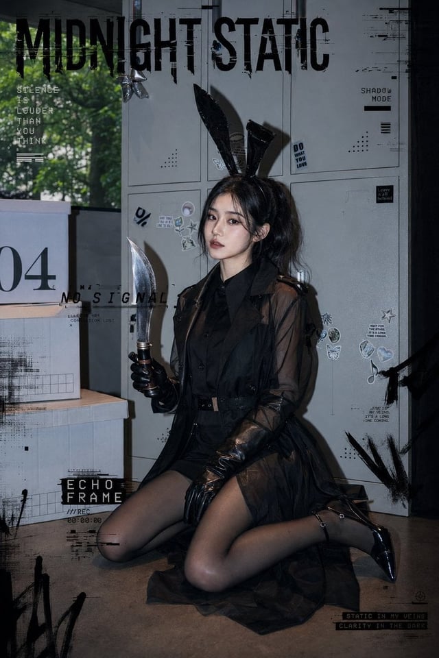 暗黑学院风时尚人像写真，一位成年亚洲女性模特，黑色高马尾，凌乱发丝，冷淡眼神，微微抬头看向镜头，神态安静又有压迫感。她穿着黑色衬衫、黑色短裤、黑色半透明风衣、黑色长手套、黑色丝袜、黑色尖头高跟鞋，头戴