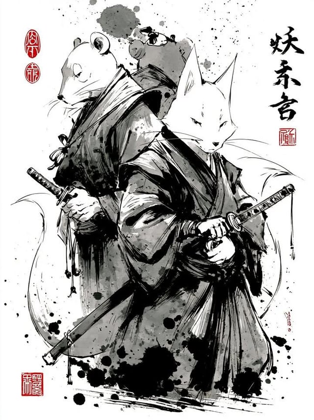 Masterpiece Japanese sumi-e ink wash illustration of two anthropomorphic samurai warriors standing b