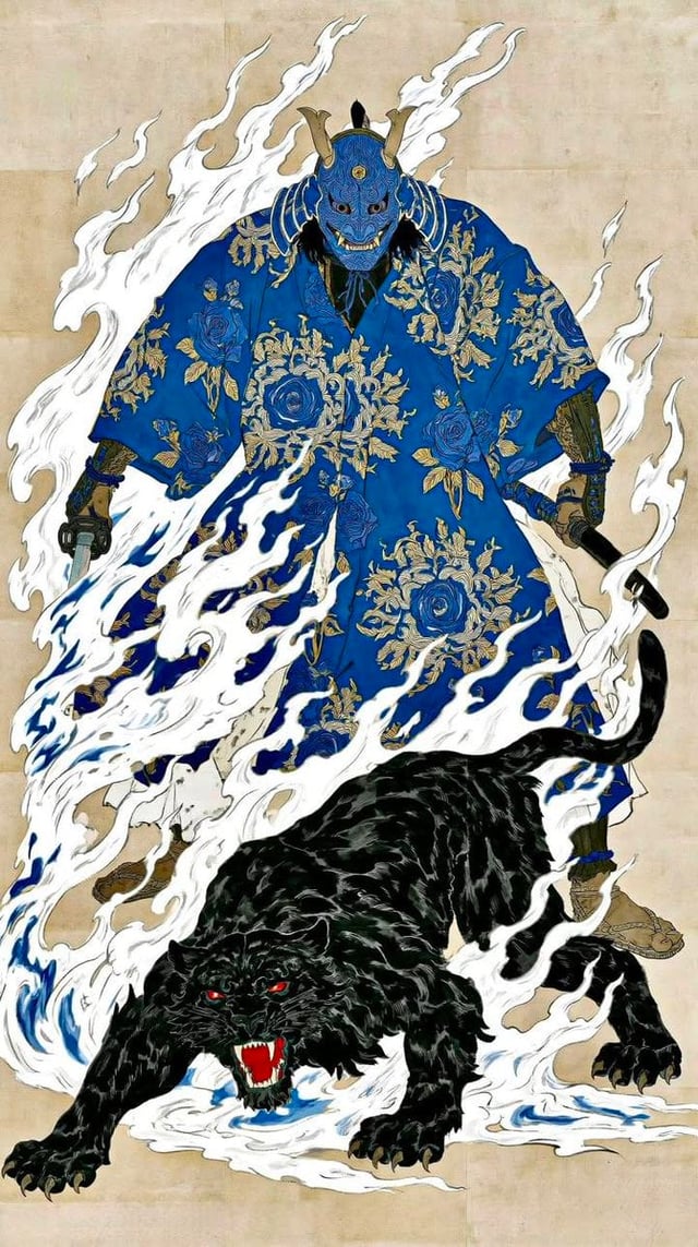 Masterpiece, ultra-detailed Japanese ukiyo-e inspired illustration of a fearsome Oni Samurai wearing