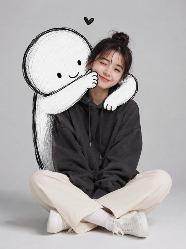 A cute minimalist portrait of a young woman sitting casually on the floor in a clean studio setting 