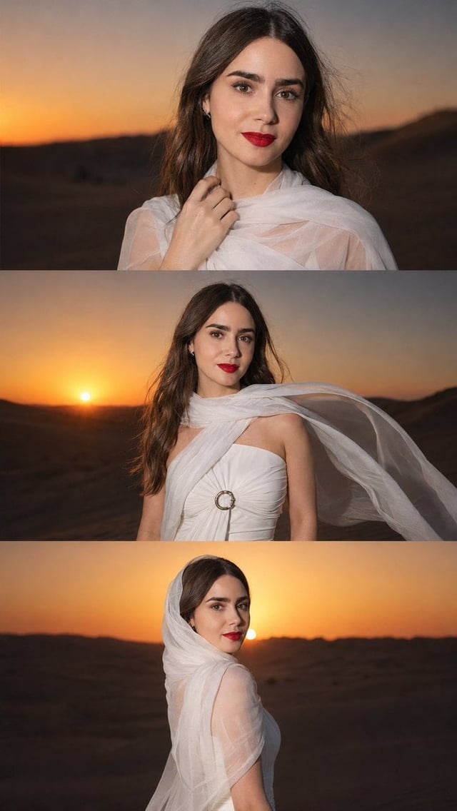 Vertical three-panel cinematic collage, stacked top to bottom, 9:16. Same woman in all three frames,