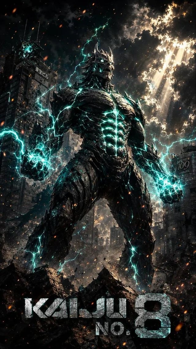 Masterpiece, ultra-detailed dark sci-fi manga illustration of Kaiju No. 8 in an explosive combat pos