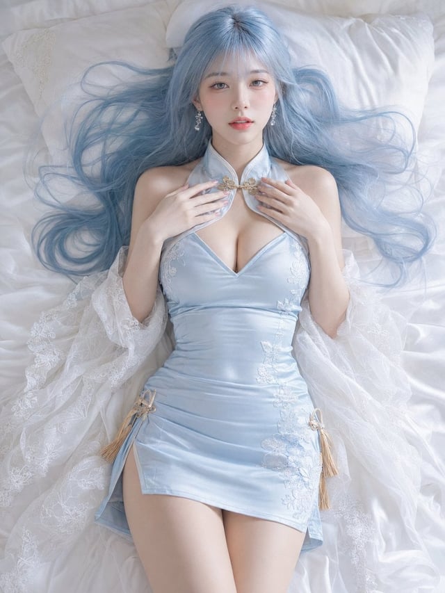 A soft, dreamy photograph shot from directly above, looking down at a stunningly beautiful young Eas