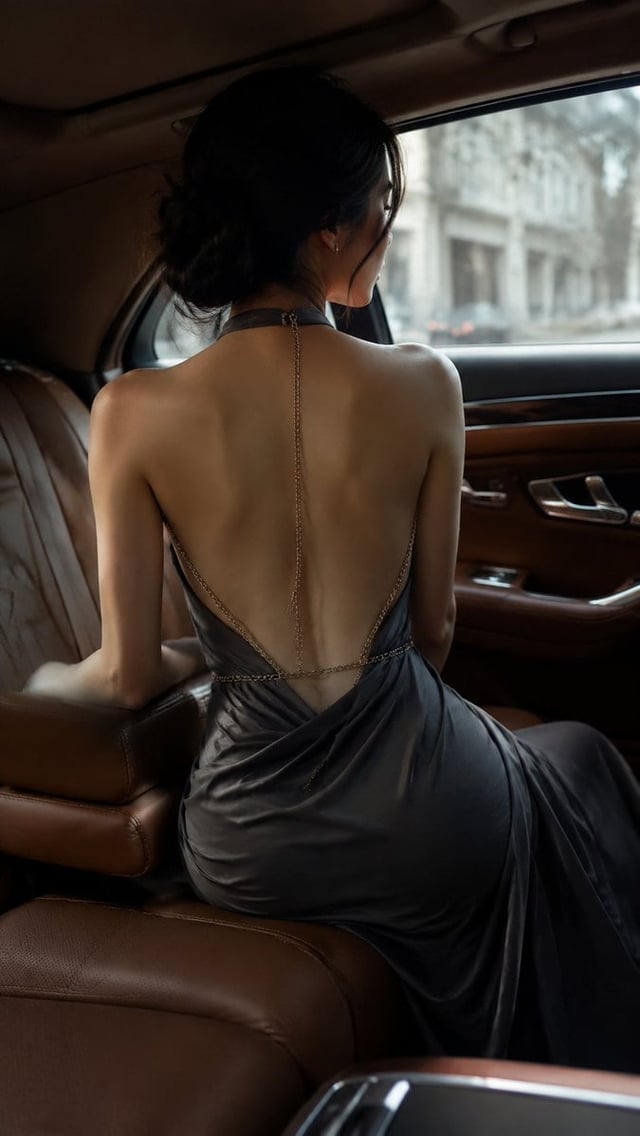 Realistic backless fashion editorial inside a luxury car, vertical 9:16. An adult young woman sits i