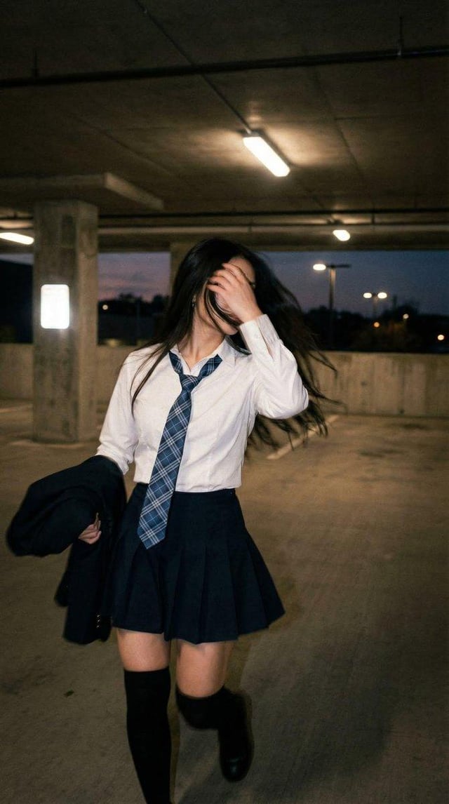 Candid portrait of a young woman in a dim parking garage, wearing a white shirt with a blue plaid ti