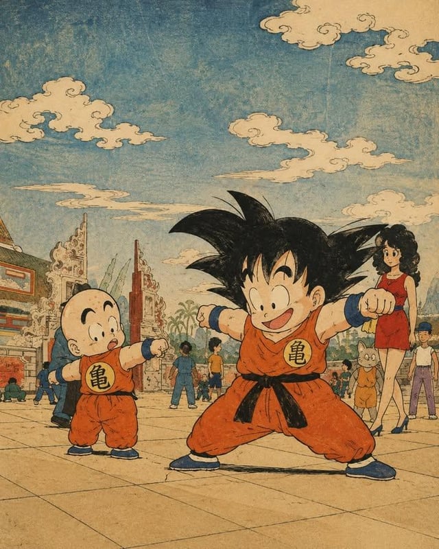 A vintage Japanese ukiyo-e woodblock print reimagining a classic anime martial arts adventure, featu