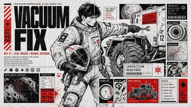 漫画行动档案海报，16:9横版——泛黄褶皱的牛皮纸背景；精细的黑墨水漫画插画，采用网点点缀，描绘[职业+任务]正在行动中的瞬间，绝无摆拍；红色作为唯一强调色（泼溅颜料、印章、警示条纹、关键数值）；左上