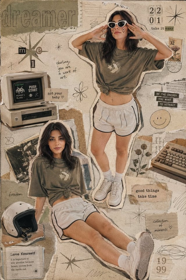 Create a highly detailed Y2K-inspired scrapbook collage poster with a warm vintage aesthetic, featur