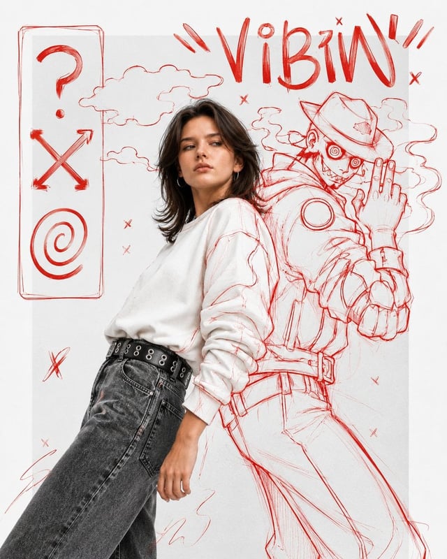 A high fashion mixed media editorial portrait that blends realistic fashion photography with express