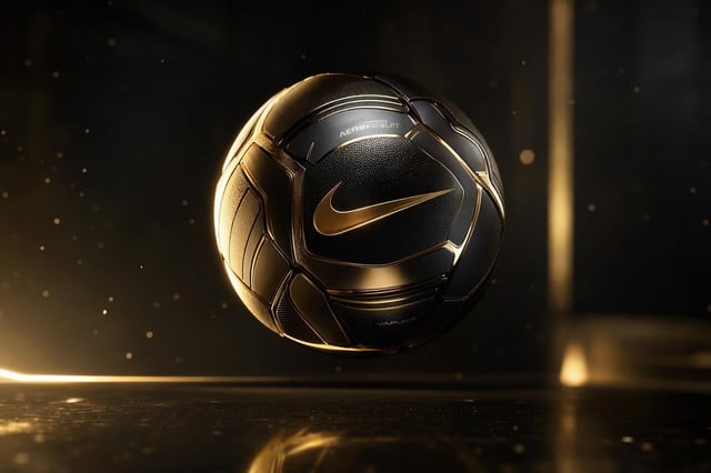A luxurious cinematic advertisement of a designer sports ball floating slightly above a reflective b