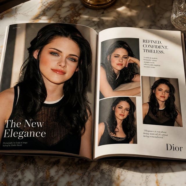 An open luxury fashion magazine resting on a premium marble table, featuring an elegant editorial la