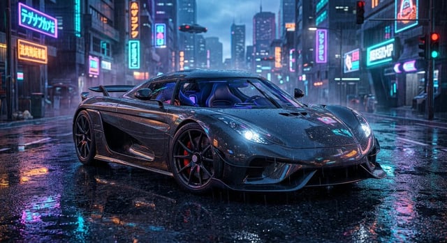 A breathtaking ultra-luxury futuristic supercar parked on a glossy rain-soaked street in a modern cy