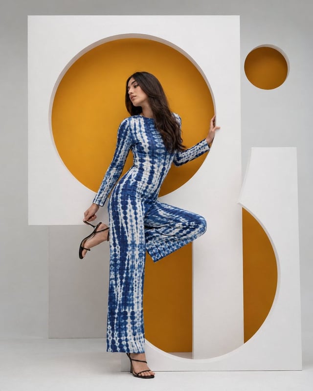 High-fashion editorial photography, young woman with long dark brown hair, dynamic pose with one leg