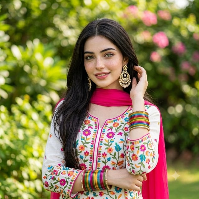 Create an image features a close-up, waist-up portrait of a young woman posing outdoors with a soft,