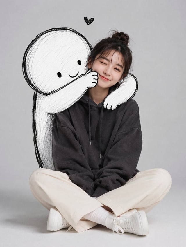 A cute minimalist portrait of a young woman sitting casually on the floor in a clean studio setting 