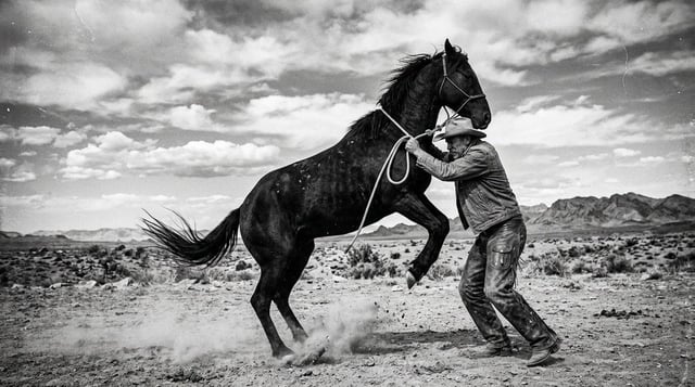 A powerful black and white documentary style photograph of a cowboy struggling to control a rearing 