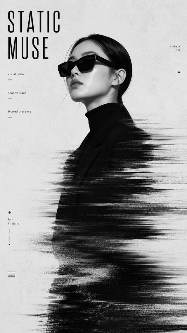 Create a 9:16 high-end experimental identity portrait poster with a cold editorial mood, strong faci
