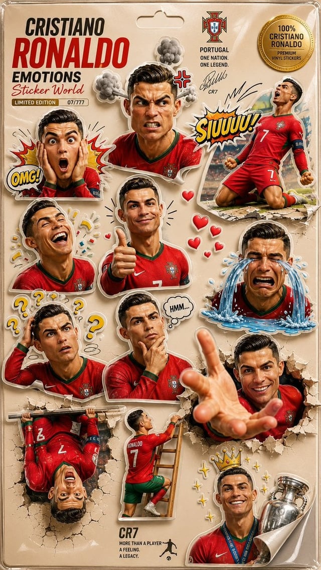 Create an ultra-premium, limited-edition collectible 3D cartoon sticker sheet featuring Cristiano Ro