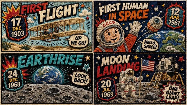 2x2 grid, 16:9, 4 days that made humans dream in this style:  = {