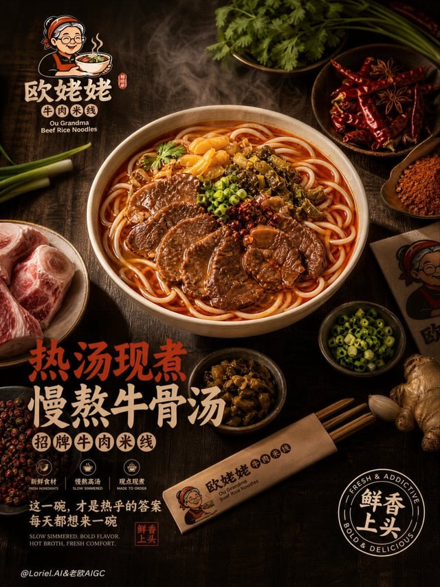 Create the third image of the unified brand visual system for “欧姥姥 牛肉米线” (Ou Grandma Beef Rice Noodl
