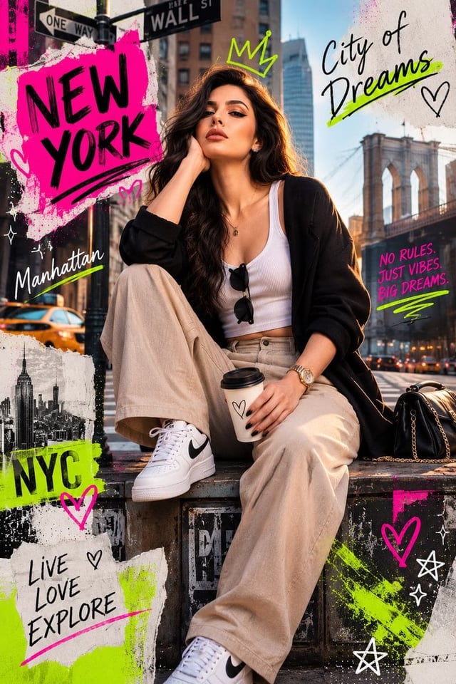 Photorealistic mixed media fashion collage of a cool young woman in a modern urban setting. Shot sli