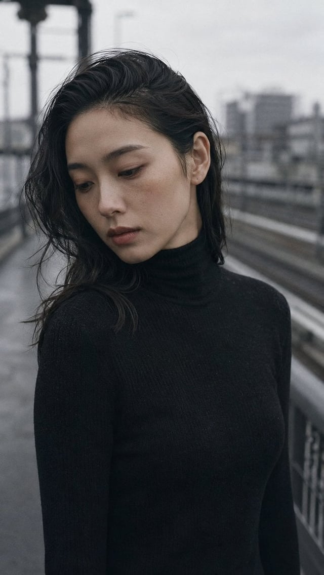 Portrait shot on 85mm f/2, close-up of a Japanese woman in her late 20s, dark wavy hair tucked behin