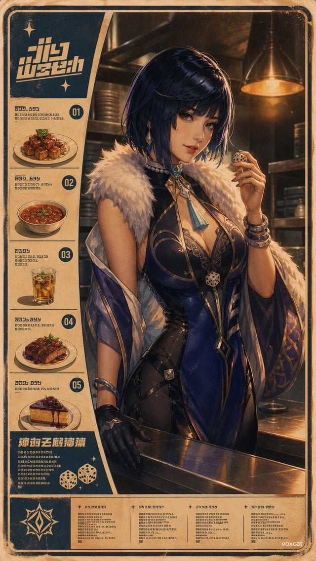 随机背景设定为午夜小餐馆后厨的不锈钢台面和暖色吊灯。画面做成餐厅菜单封面：固定菜单尺寸、主图区域、菜品图标式分区、编号栏、边框和留白明确。角色以 1970-1980 年代喷枪复古海报技法绘制，软边渐变