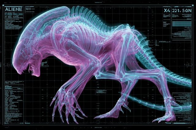 An X-ray scan of a [Subject], bones and internal structures glowing in neon cyan and soft magenta ag