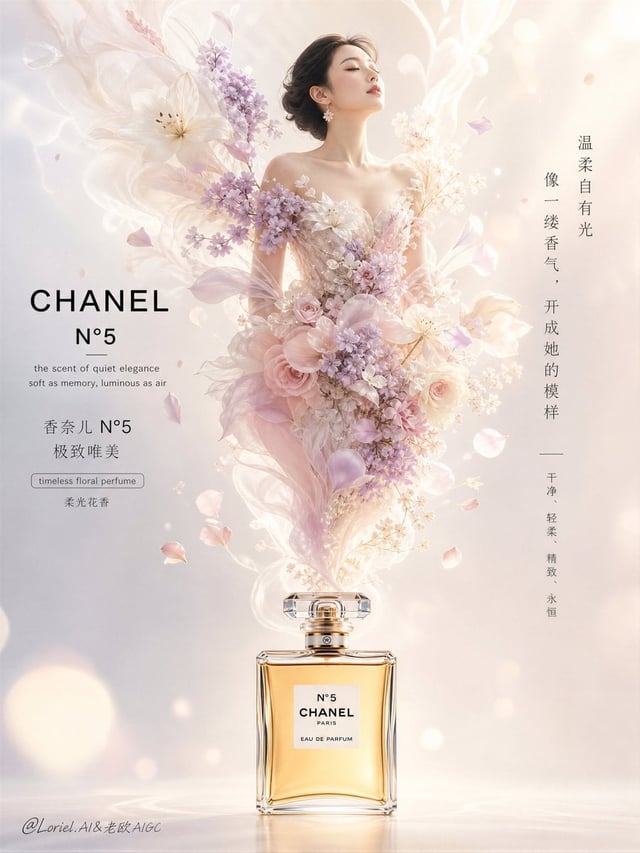 Create an ultra-luxury advertising poster for Chanel N°5 perfume, in an ethereal floral dream style 