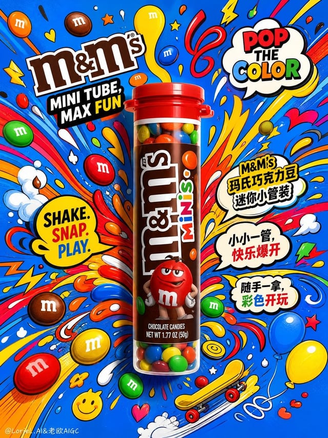 Create an ultra-vibrant commercial poster for M&M’s chocolate candies, featuring a highly realistic 