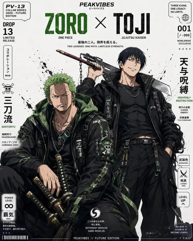 Ultra-detailed anime streetwear crossover poster design, premium hypebeast editorial layout, two ico
