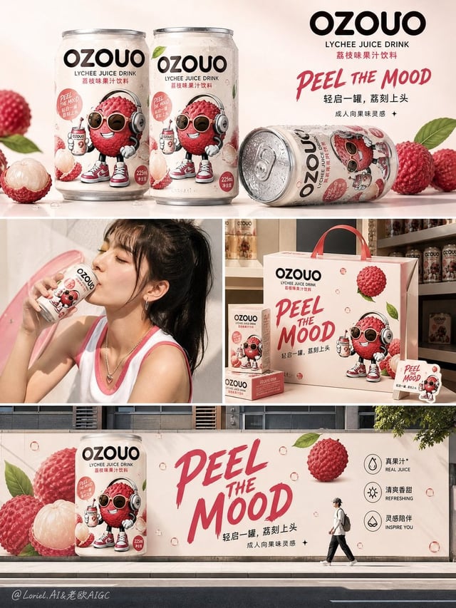 Create the third image of the unified brand visual system for “OZOUO” fruit drinks, keeping exactly 