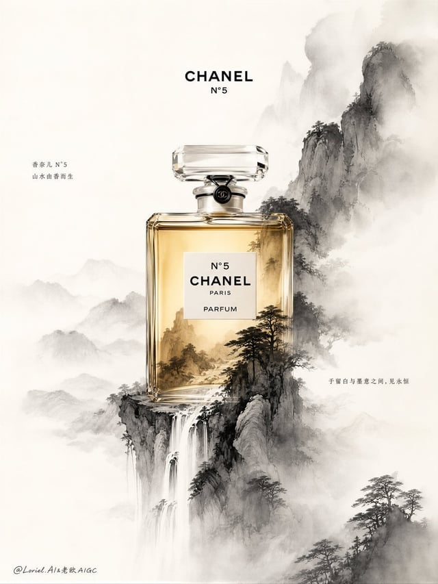 Create an ultra-luxury advertising poster for Chanel N°5 perfume, in a breathtaking fusion of hyper-