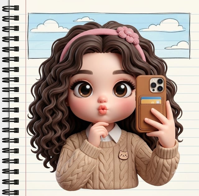3D chibi-style cute girl taking a mirror selfie, with big dark brown eyes, long eyelashes, rosy chee