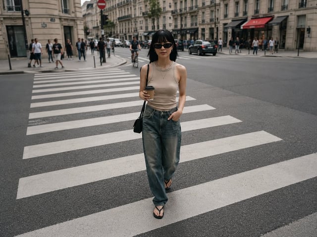 A beautiful young European woman walking across a wide urban zebra crossing, captured from a high-an